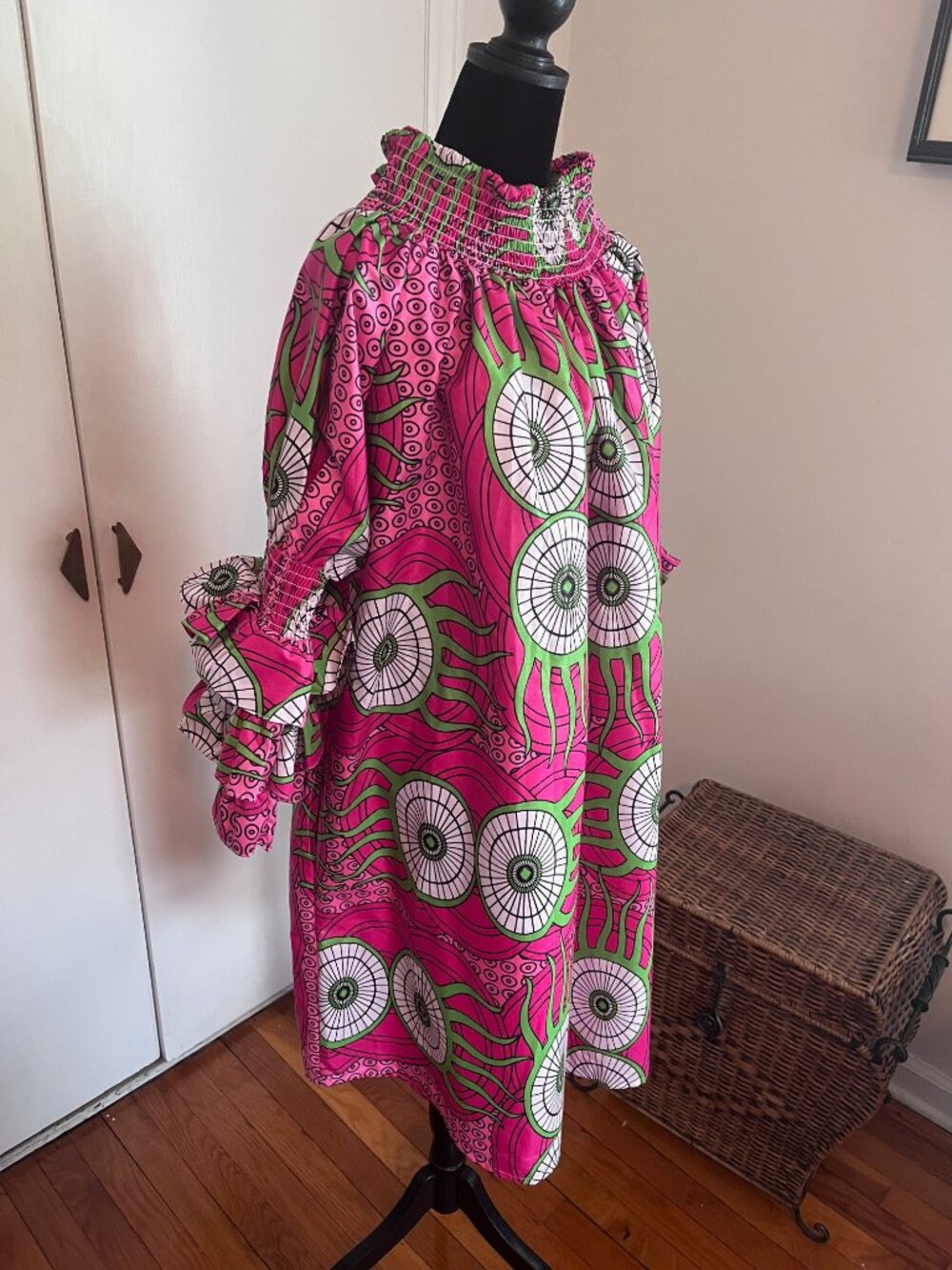 Shoulder Pink & Green African Print Women's Dress